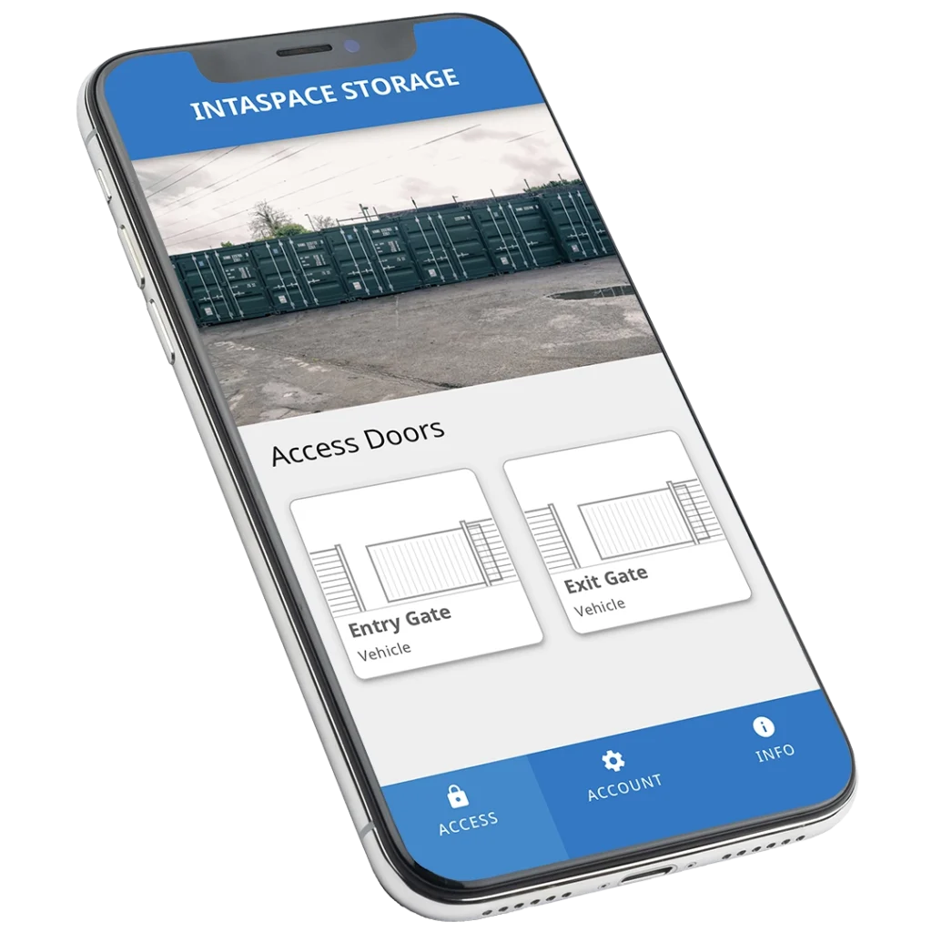 IntaSpace Storage App on a mobile phone showing gate access