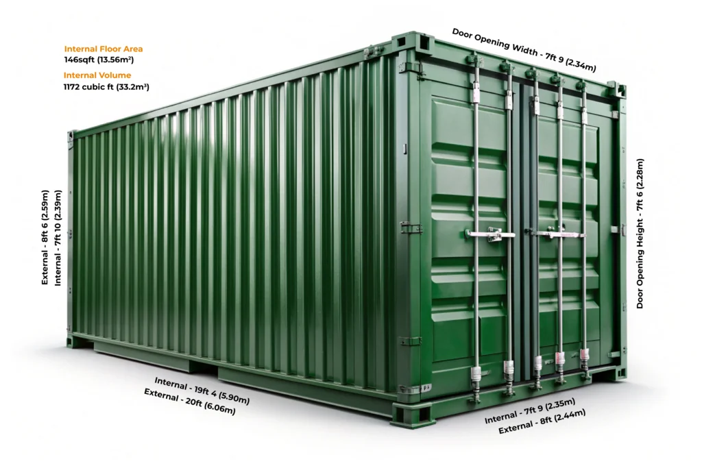 Green shipping container storage dimensions